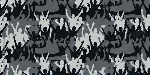 Schilderij op canvas A group of people enthusiastically raise their hands in a dark room filled with silhouettes