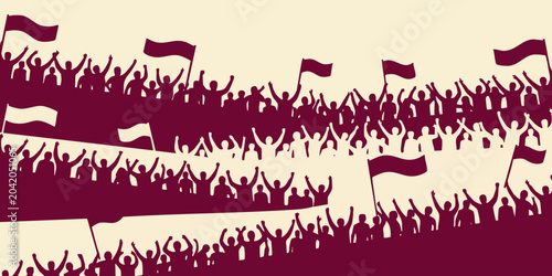 A large crowd of people wave flags enthusiastically at an outdoor sports event in a stadium.