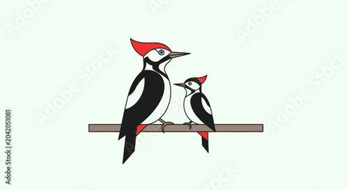 Two woodpeckers perched on branch illustration for design and print