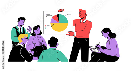 Team members in business meeting with chart illustration presentation