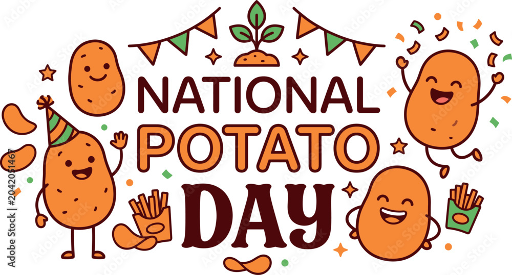 Fototapeta premium National potato day celebration banner with cute cartoon potatoes, french fries, and party decorations