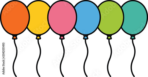 Foto Vibrant colorful balloons in a row float against a white background with bright flat lighting for a joyful party atmosphere