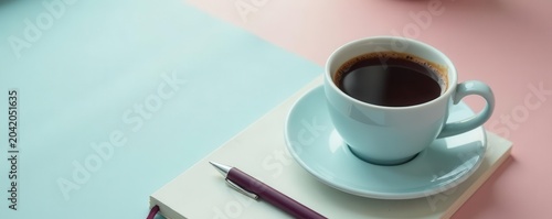 Coffee cup, notebook, pen; minimalist background Perfect for planning , coffee, productivity, agenda