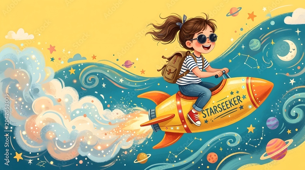 Obraz premium Cartoon illustration of a young girl riding a yellow rocket ship in space