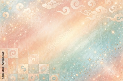 Dreamy pastel gradient background with swirling clouds and sparkling stars