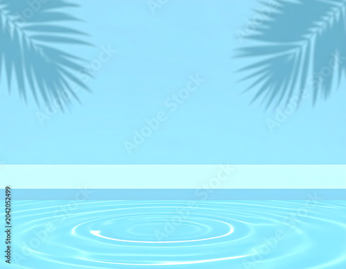 Minimal Blue Pool Water Ripple with Tropical Leaf Shadow on Light Blue Background, Summer Concept
