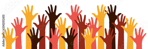 фотографія Hands raised in the air, symbolizing voting, support, applause, questions, or solidarity