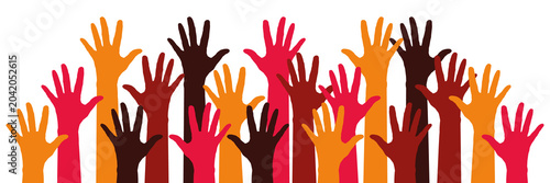 Schilderij op canvas Multicolored hands raised in the air, symbolizing voting, support, applause, questions, or solidarity