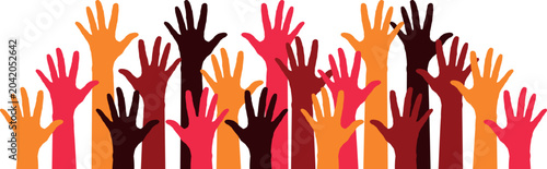 Foto Multicolored hands raised in the air, symbolizing voting, support, applause, questions, or solidarity