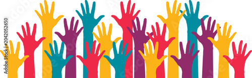 Foto Colorful hands raised in the air, symbolizing voting, support, applause, questions, or solidarity