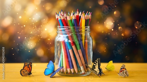 Colored pencils in a glass jar with butterflies