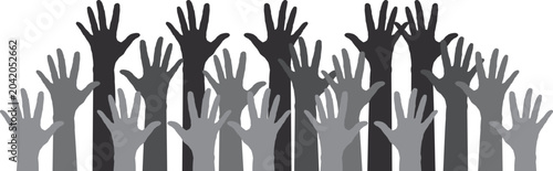 Tableau sur toile Grey tones hands raised in the air, symbolizing voting, support, applause, questions, or solidarity