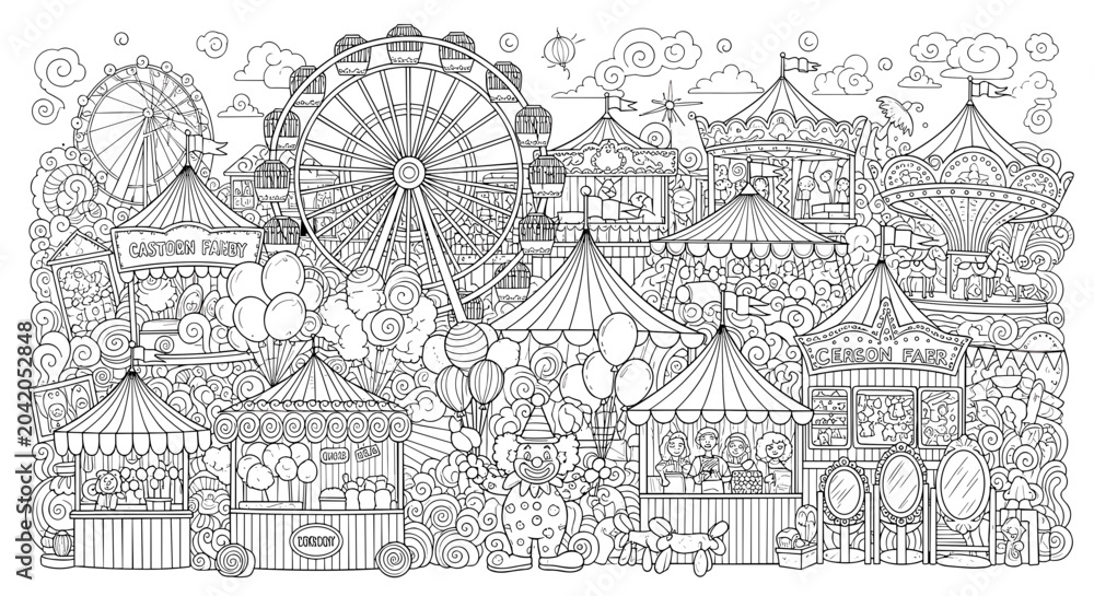 Fototapeta premium Detailed black and white illustration of a bustling amusement park scene.