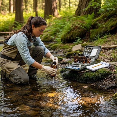 Focused Female Scientist Collecting Water Sample in Forest Stream