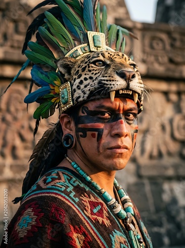 Indigenous Warrior Wearing Feathered Jaguar Headdress at Ancient Stone Temple