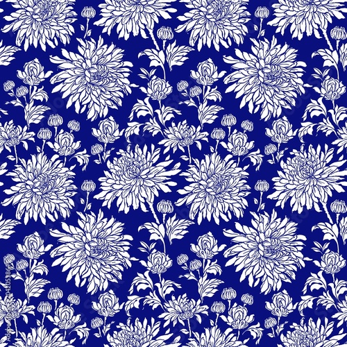 Indigo_Pattern 13/69 , Seamless Blue Flowers Pattern , Hand Drawn Chrysanthemum 