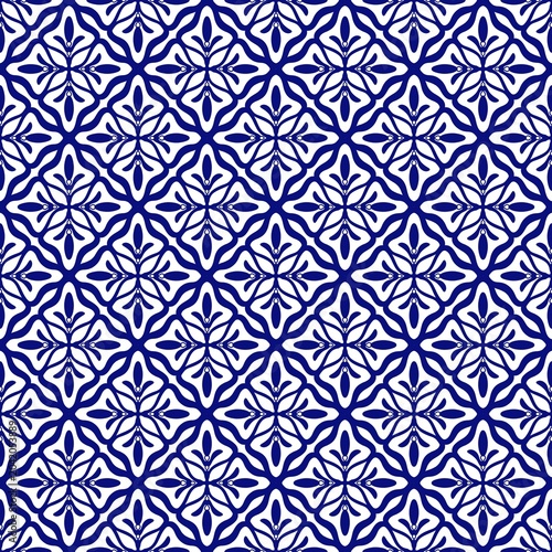 Indigo Pattern 19/69, Blue Floral Seamless Pattern, Hand Drawn Botanical Line Art In Indigo