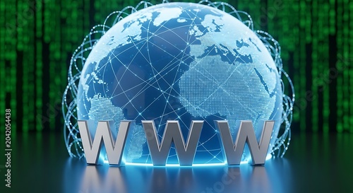 Digital world globe with glowing internet domain address on futuristic data background