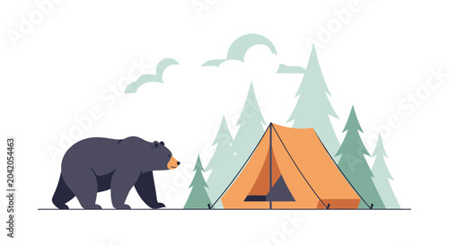 Foto Bear approaching campsite in forest, illustration, outdoor adventure concept