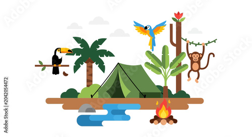 Photography Jungle Camping Adventure: Tent, Animals, River, and Campfire