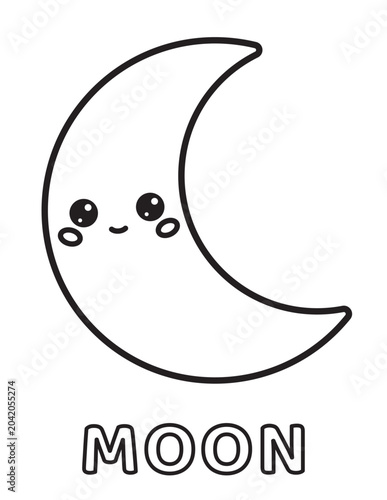 Cute Moon Coloring Page for Kids Vector Illustration with Kawaii Cartoon Crescent Outline