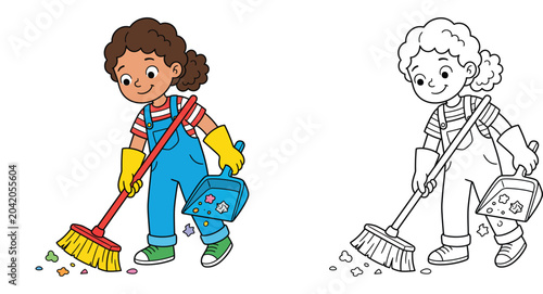 Happy Girl in Gloves Sweeping with Broom and Dustpan - Chores and Cleanliness