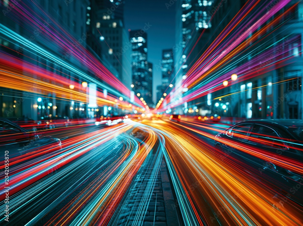 Fototapeta premium City streets are filled with light trails from moving cars during a busy night in an urban setting