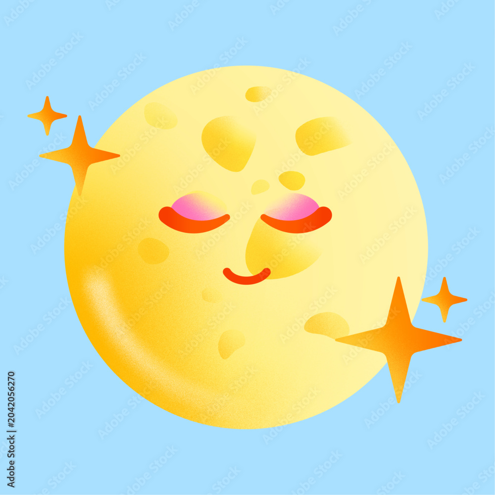 Naklejka premium Cute Cartoon Moon Character with Smiling Face and Stars Vector Illustration