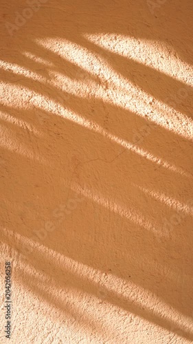 Orange wall background with moving shadows of leaves and foliage gently moving in the wind