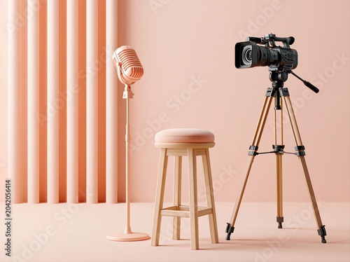 Space set up for video recording with microphone and camera placed against pink background at studio
