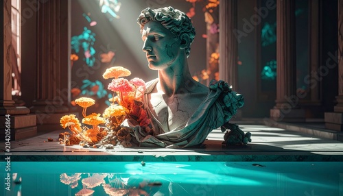 A lush, psychedelic vanitas where glowing nature reclaims classical art. The image symbolizes decay, rebirth, and the vibrant beauty of mycelium networks.
