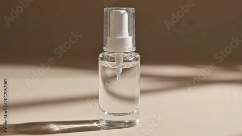 A clear glass spray bottle filled with transparent liquid, casting a shadow on a beige background, suggesting skincare or cosmetic product packaging