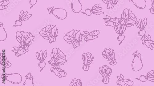 Versatile purple background with line art veggies like eggplants, cabbages, radishes, and ginger roots. Perfect for foodthemed designs and packaging.