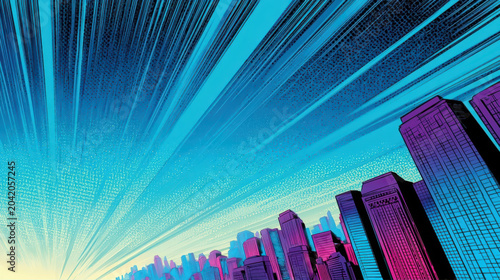 Vibrant Comic Cityscape: Stylized Skyline Under Dynamic Blue Sky with Speed Lines and Halftone Patterns.