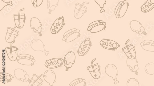 Doodles of chicken drumsticks, ice cream cones, burgers, and drink cups in repeating patterns. Perfect for foodthemed projects.