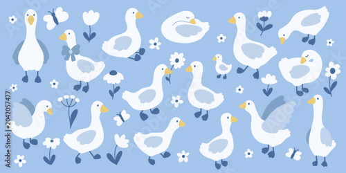 Cute White Geese Vector Illustration with Flowers and Folk Style Birds on Blue Background