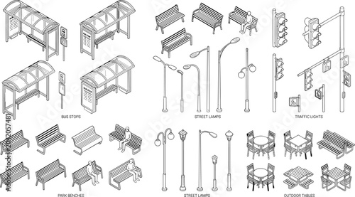 Isometric vector objects collection bus stops park benches street lamps traffic lights outdoor tables transparent background.