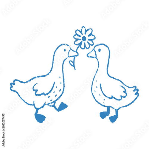 Cute hand drawn geese holding flower in minimalist blue vector sketch style