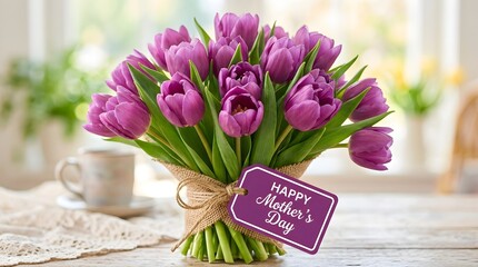 Vibrant purple tulips bouquet with happy mother's day tag on rustic wooden table with tea cup