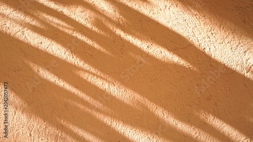 Orange wall background with moving shadows of leaves and foliage gently moving in the wind
