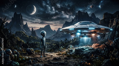 Alien stands near UFO in an extraterrestrial landscape during nighttime with distant planets and mountains visible in the background