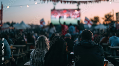 Sunset Soccer Celebration: Fans Cheer at Outdoor Festival, Flags and Lights Decorate Festive Scene.