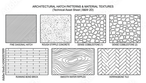 Architectural texture patterns, black and white hatch and tile designs, running bond brick, herringbone, cobblestone, vector.