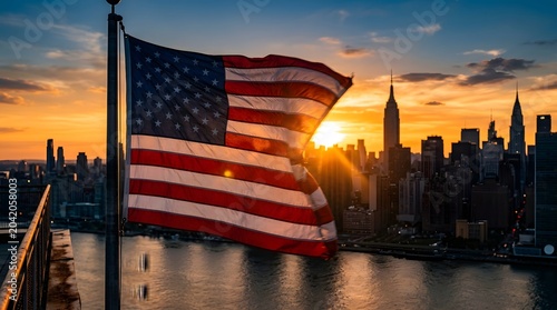 American flag waving in front of new york city skyline at sunset patriotic symbolism