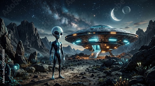 Alien stands next to a spaceship on a rocky landscape under a starry sky with planets and a galaxy visible in the background