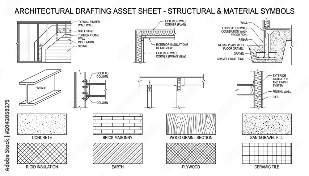 Naklejka premium Architectural drafting asset sheet with structural and material symbols for construction planning and design vector illustration.
