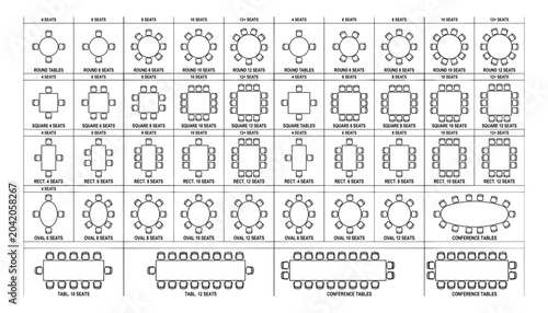 Various table and seating arrangements for meeting rooms vector transparent background.