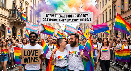 Group of friends holding love wins signs at international lgbt pride parade