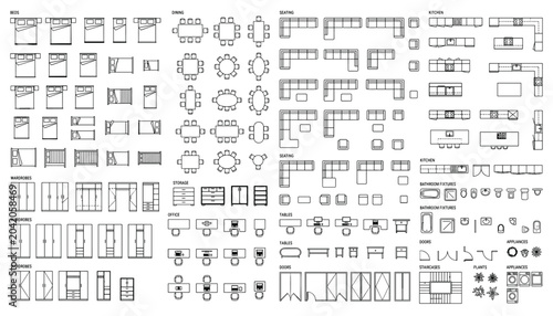 Various architectural elements and furniture plan views vector assets transparent.