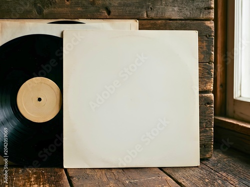 Blank vinyl record sleeve mockup on rustic wood background - Vintage music album cover template - Nostalgic retro flat lay photo